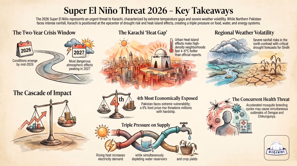 Key Takeaways Infographic for Super El Niño Threat 2026.