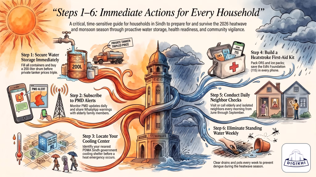 Steps 1–6: Immediate Actions for Every Household Infographic for Super El Niño Threat 2026.